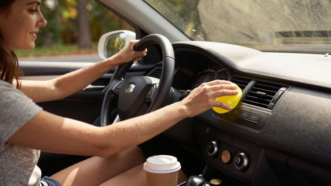 Mulher limpa o painel interno do carro com uma esponja amarela enquanto segura o volante.