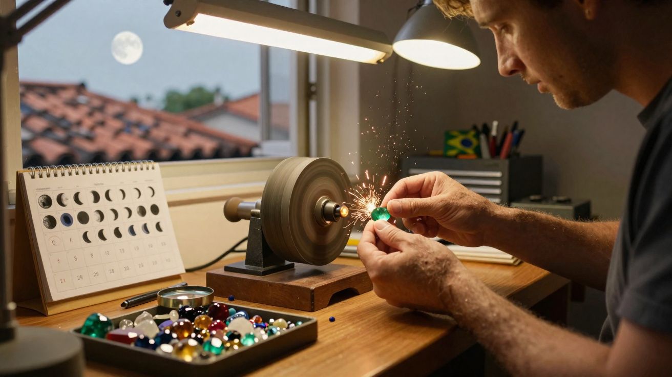 Homem polindo uma pedra verde em uma bancada com várias pedras, com calendário lunar ao fundo.