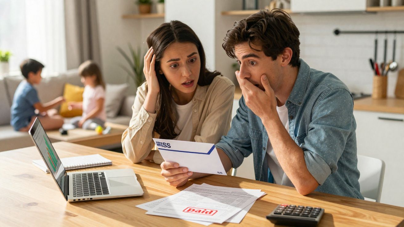 Casal preocupado analisa contas enquanto crianças brincam ao fundo na sala de casa.
