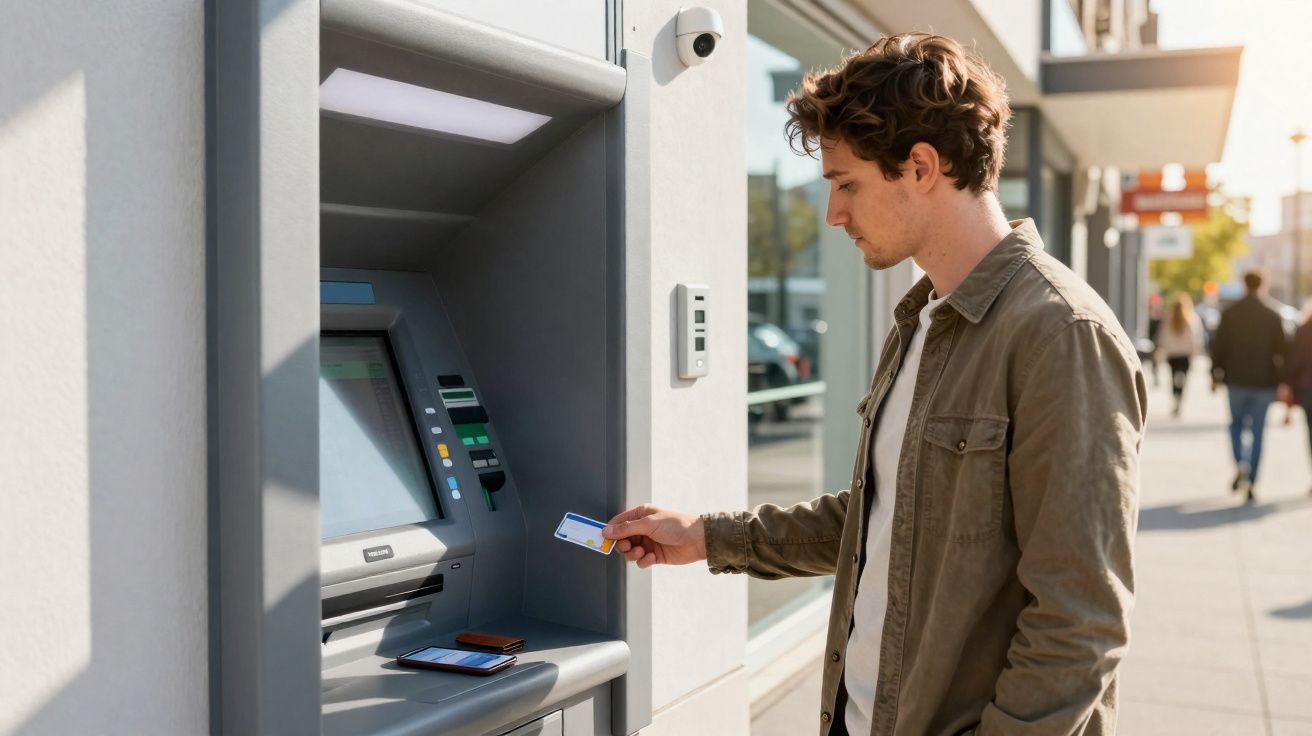 Jovem usando cartão em caixa eletrônico ao ar livre em dia ensolarado na cidade.