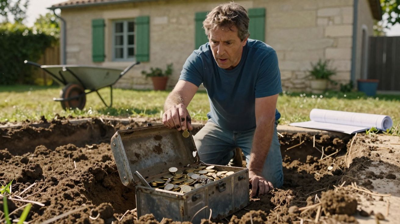 Homem escavando tesouro com moedas em um baú antigo no quintal de casa.