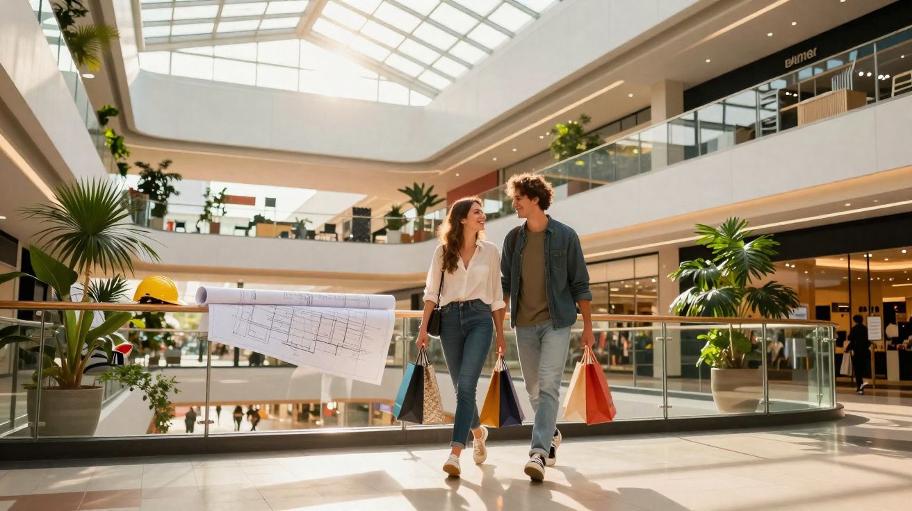 Casal jovem caminhando e sorrindo com sacolas de compras em shopping moderno e iluminado.