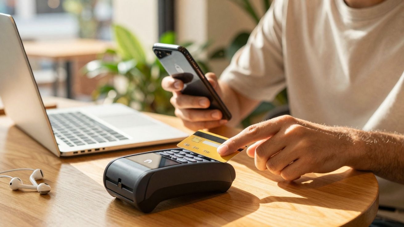 Pessoa usando cartão de crédito em máquina de pagamento com celular e laptop em mesa de madeira.