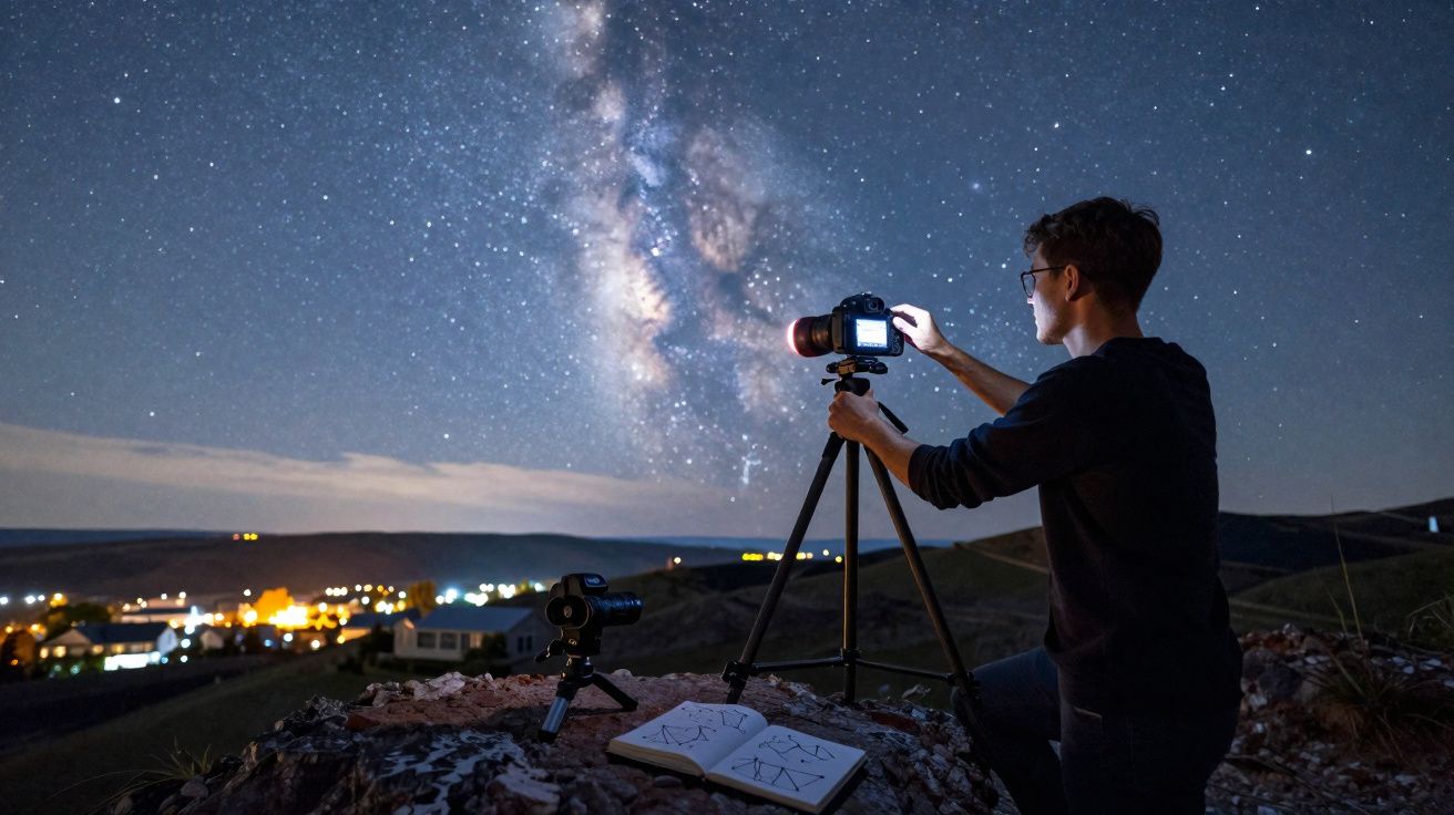 Pessoa com câmera em tripé fotografando o céu estrelado e a Via Láctea durante a noite.