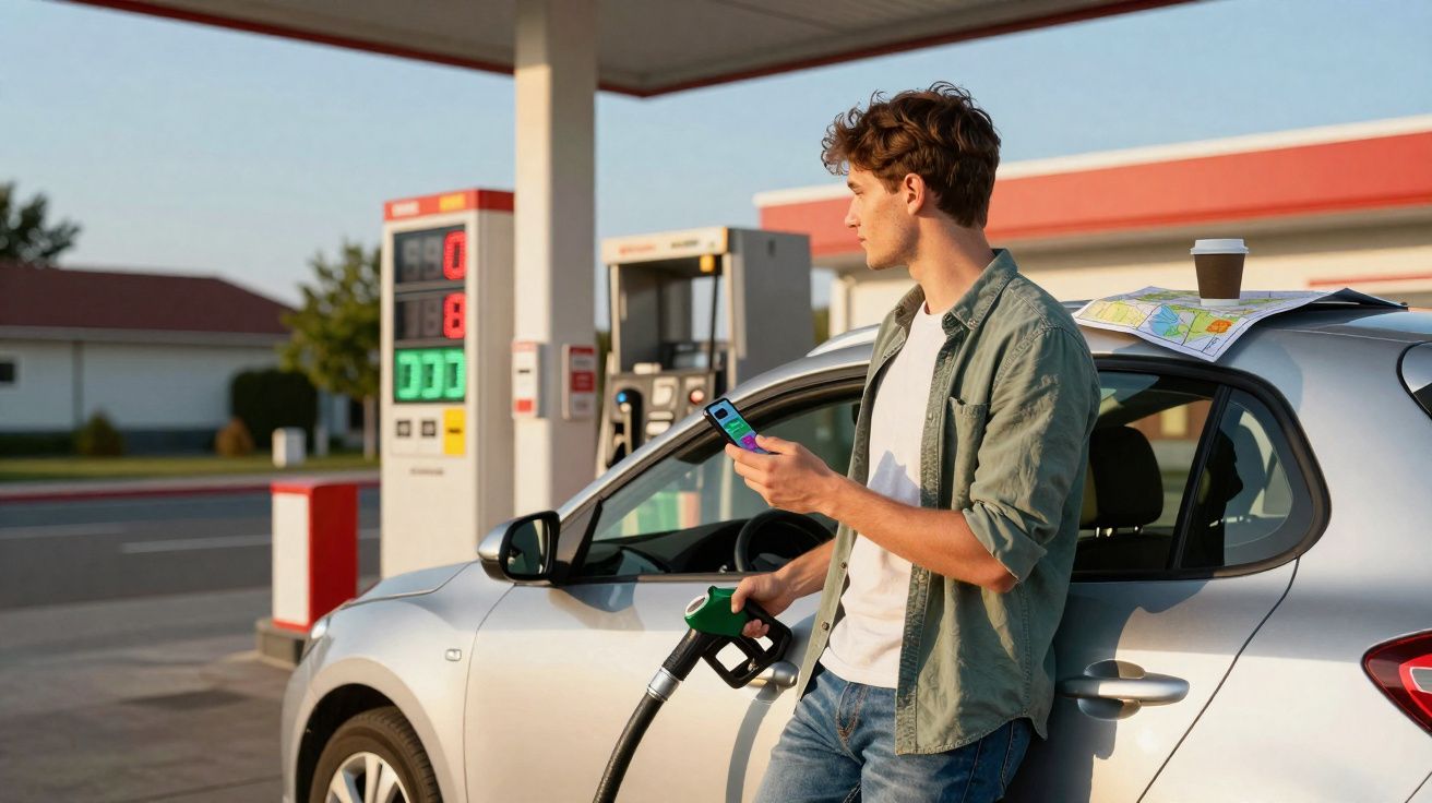 Homem abastecendo carro em posto, segurando celular, com mapa e café no capô do carro.