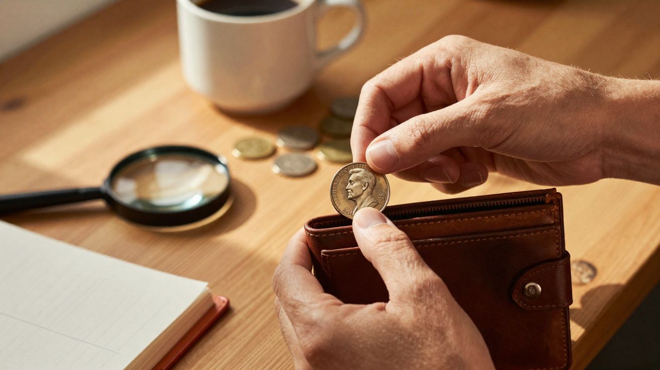 Mãos segurando uma moeda e uma carteira de couro sobre mesa com lupa, moedas, caderno e xícara de café.