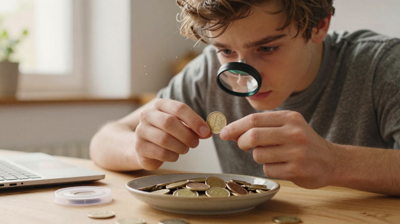 Jovem examinando moeda com lupa sentado à mesa com prato cheio de moedas e notebook ao lado.
