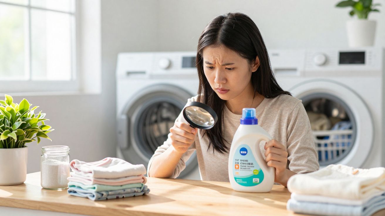 Mulher analisando rótulo de detergente com lupa na lavanderia, com pilhas de roupas e máquina ao fundo.