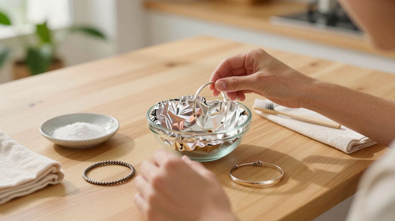 Pessoa mergulhando brinco em solução caseira para limpeza em recipiente com papel alumínio.