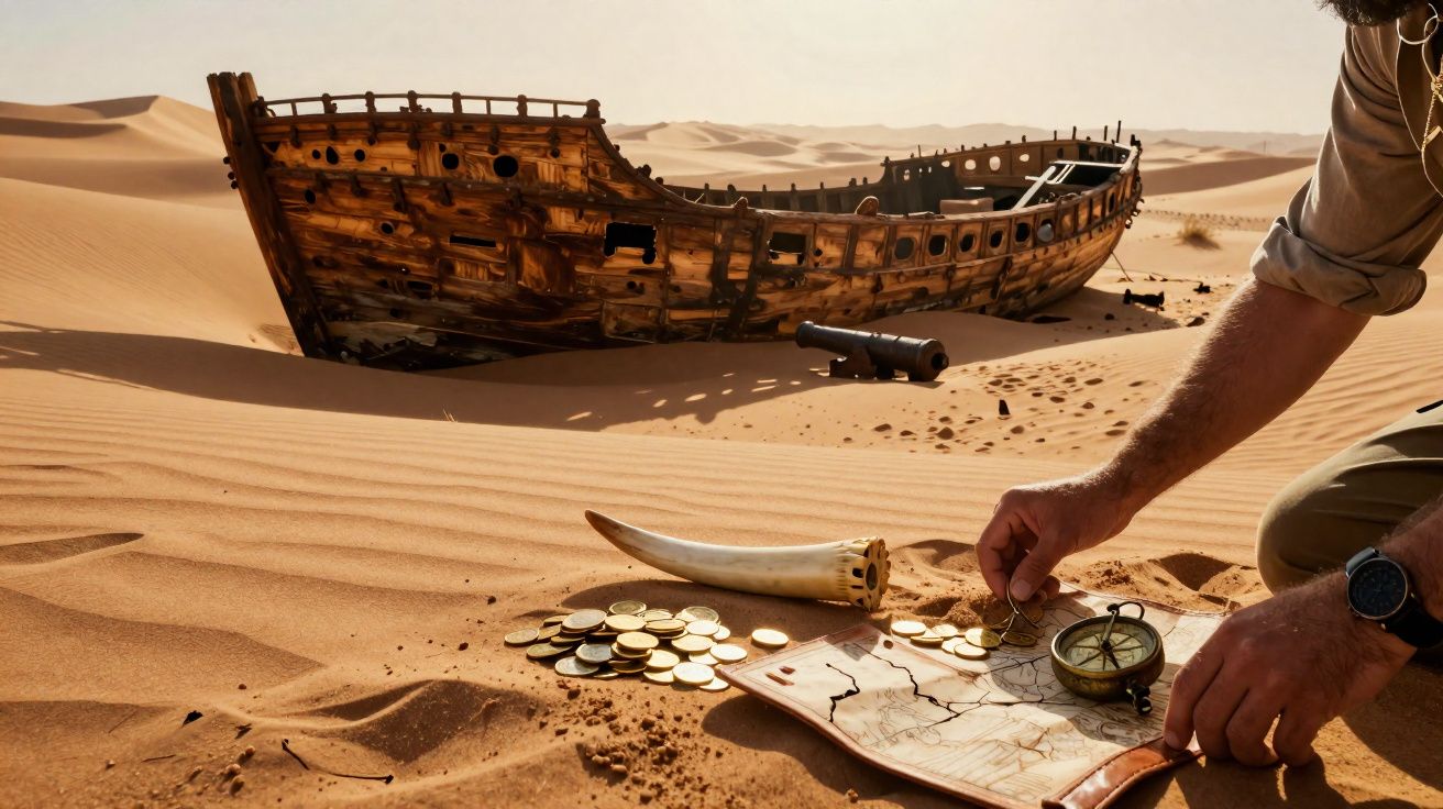 Homem examina mapa, bússola e moedas de ouro em deserto com naufrágio de navio ao fundo.