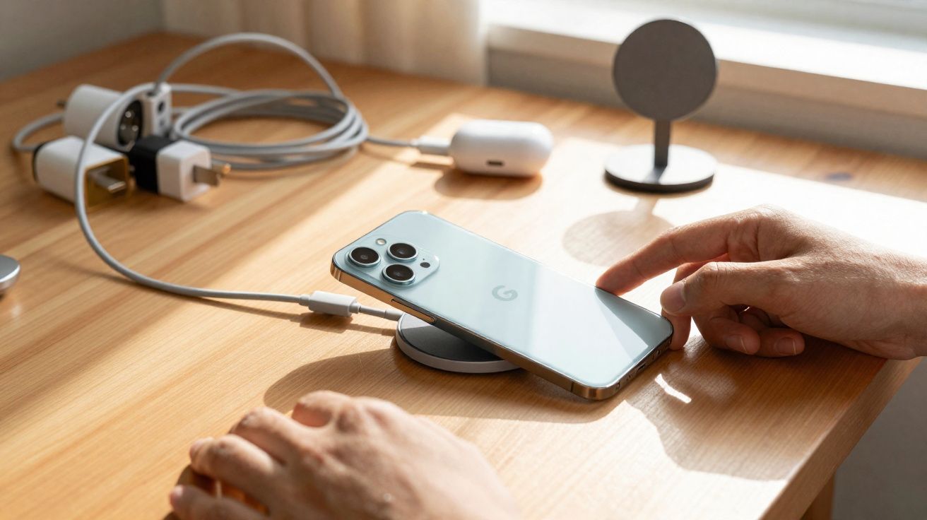 Smartphone Google Pixel cinza sendo carregado sem fio sobre base magnética em mesa de madeira.