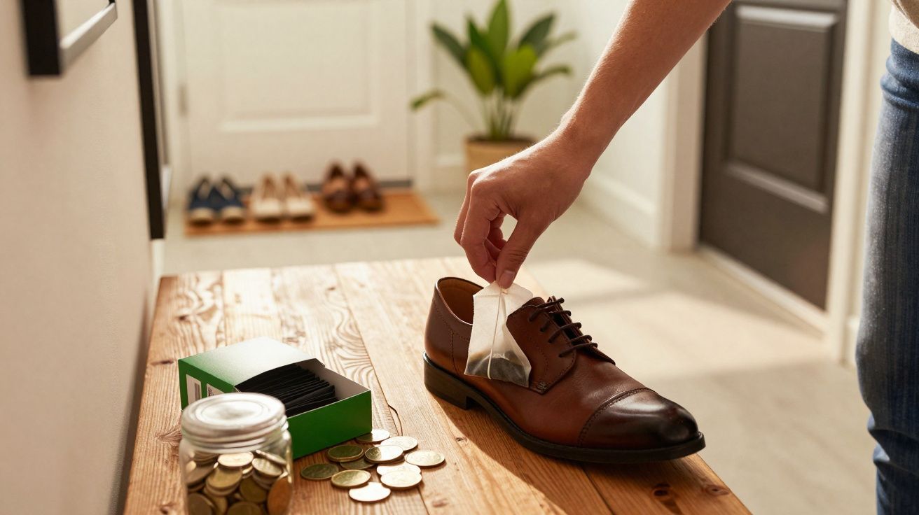 Pessoa colocando sachê de aroma em sapato social marrom sobre mesa de madeira com moedas e caixa de sachês.