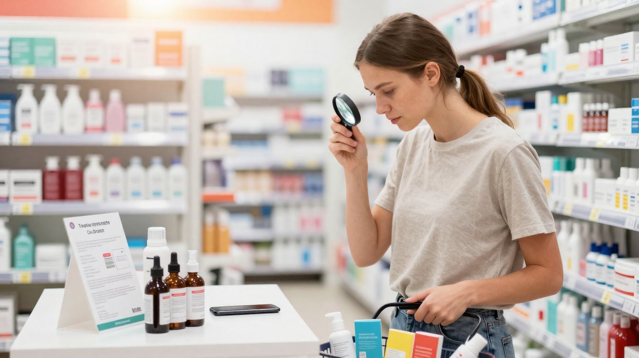 Mulher examinando produtos com lupa em prateleira de farmácia, segurando cesta com itens diversos.