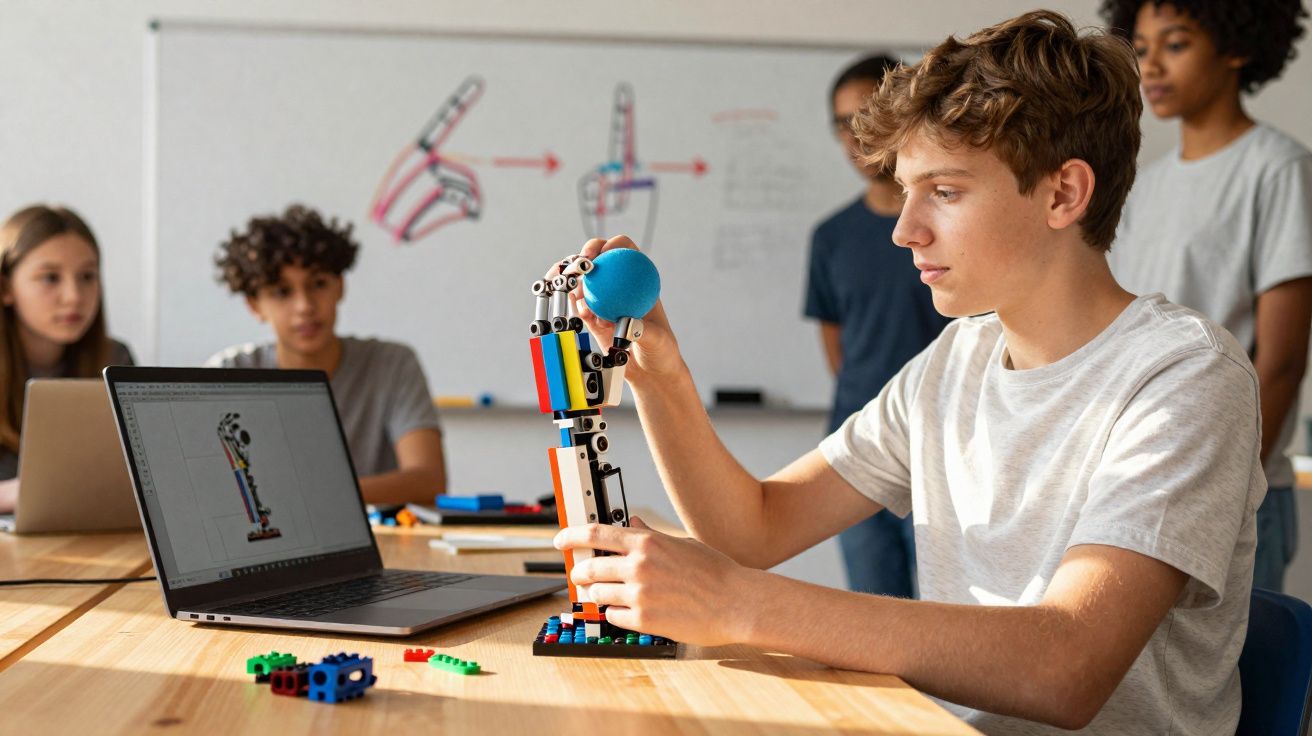 Adolescente monta braço robótico colorido com bola azul em sala com colegas ao fundo e laptop ligado.