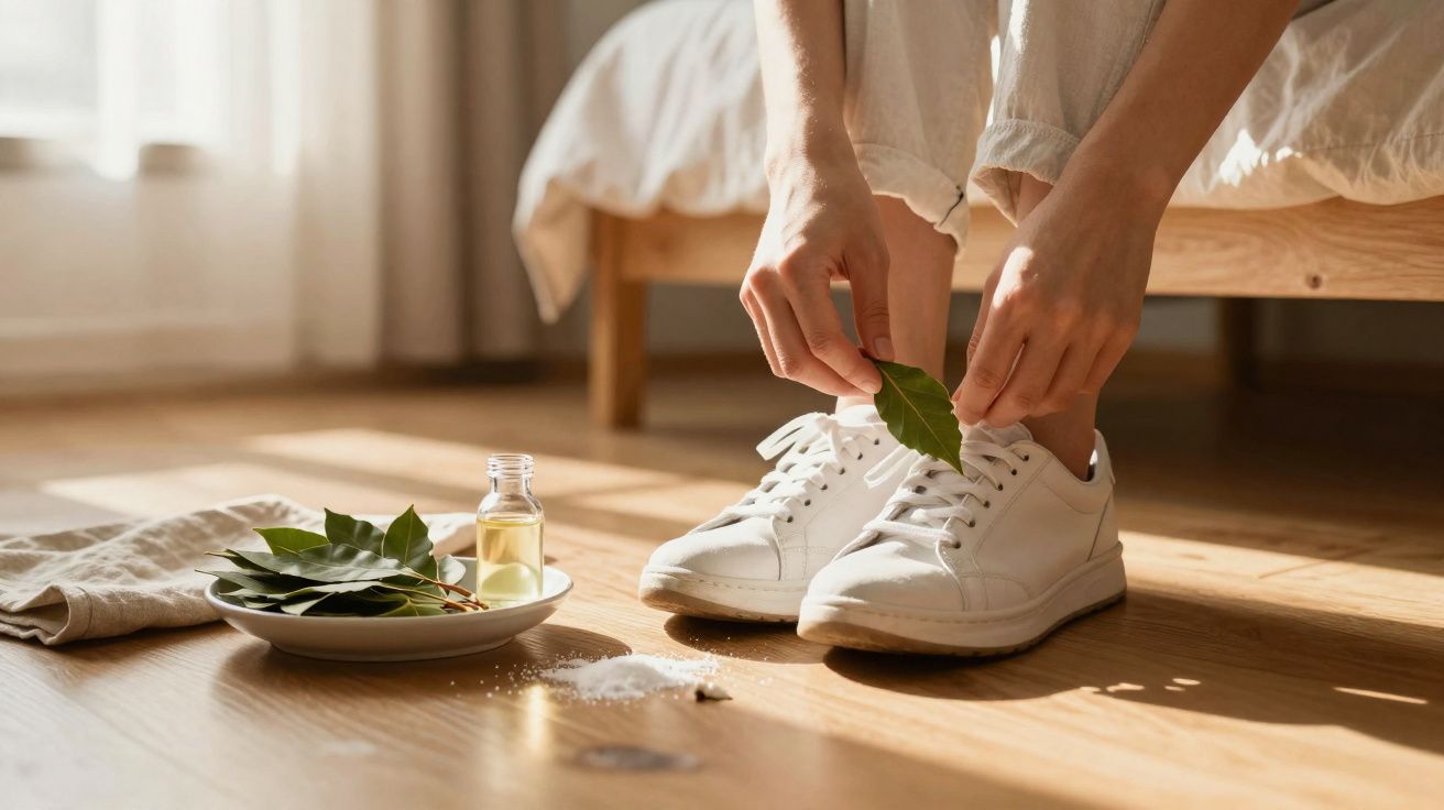 Pessoa colocando folha verde dentro de tênis branco, com óleo e folhas sobre prato no chão de madeira.
