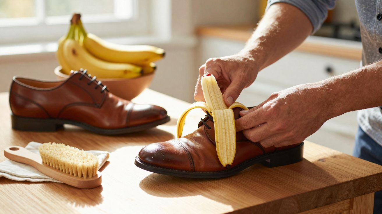 Pessoa colocando uma banana descascada dentro de um sapato social marrom sobre uma mesa de madeira.