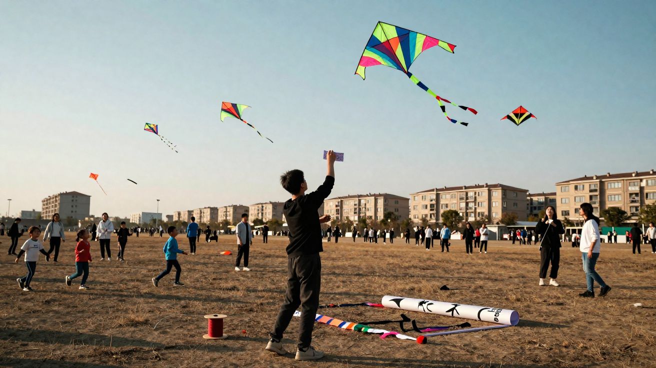 Crianças e adultos empinando pipas coloridas em um campo aberto com prédios ao fundo.