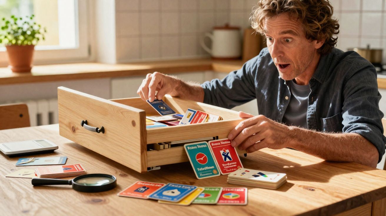 Homem surpreso segurando cartas coloridas e olhando dentro de uma gaveta de madeira na mesa.