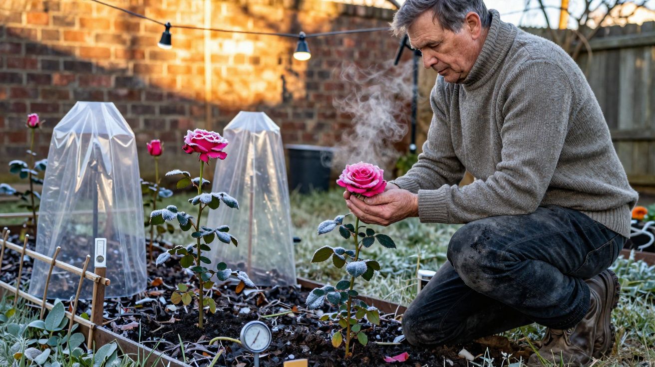 Homem cuidando de rosas em jardim com folhas cobertas de geada na manhã fria.