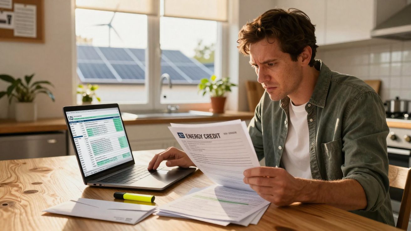 Homem analisando documentos e extrato bancário no computador em mesa de cozinha iluminada.