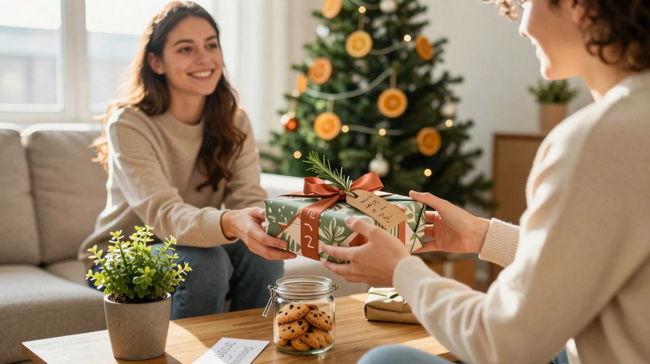 Duas mulheres trocando presente com árvore de Natal ao fundo, sentadas em sala aconchegante.