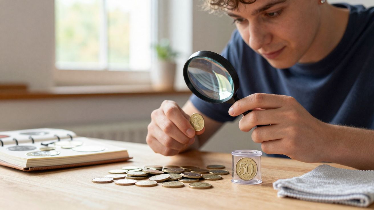 Jovem examinando moedas antigas com lupa, moedas espalhadas sobre a mesa e álbum de moedas ao lado.