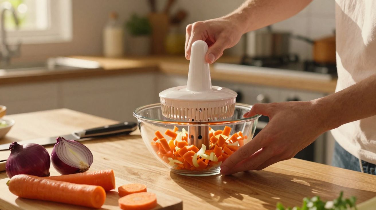 Pessoa usando cortador manual para picar cenouras em uma tigela de vidro na cozinha.