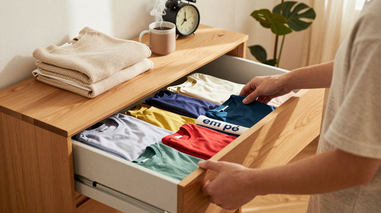 Pessoa organizando camisetas coloridas em gaveta de madeira com suéteres, relógio e xícara de café ao fundo.
