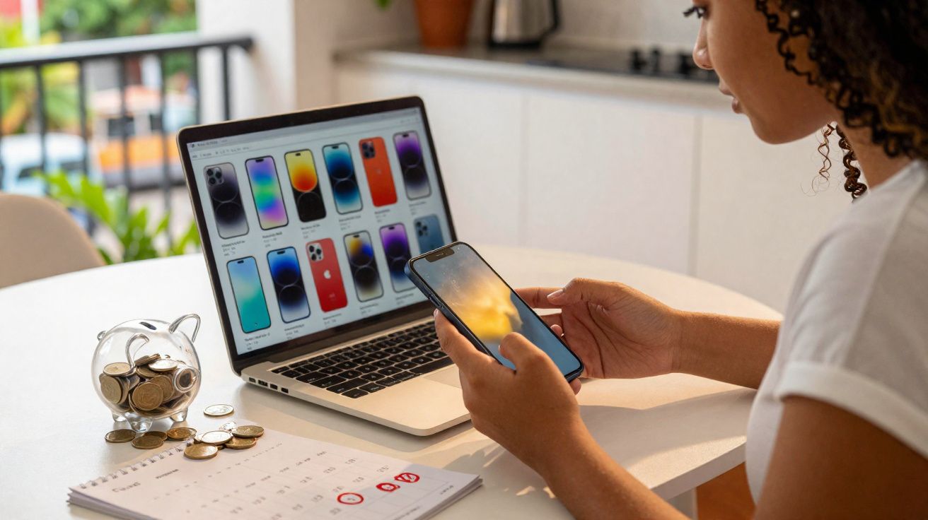Pessoa segurando celular enquanto pesquisa modelos de smartphones no laptop, com cofrinho e calendário na mesa.