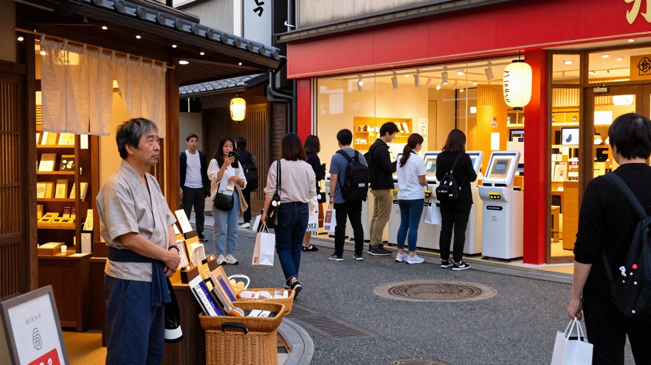 Homem ao lado de barraca de madeira e fila de pessoas em quiosque moderno em rua movimentada.