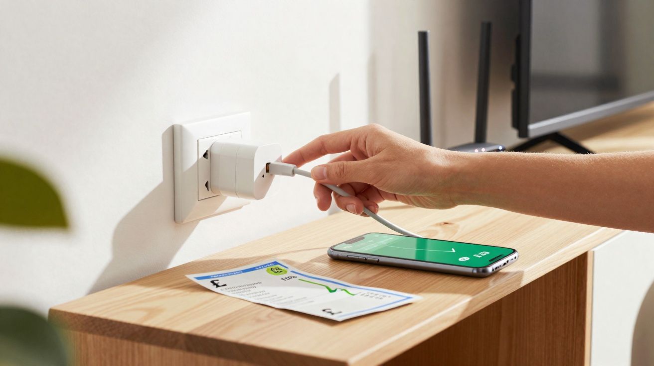 Mão conectando carregador na tomada com celular e conta de energia sobre móvel de madeira clara.