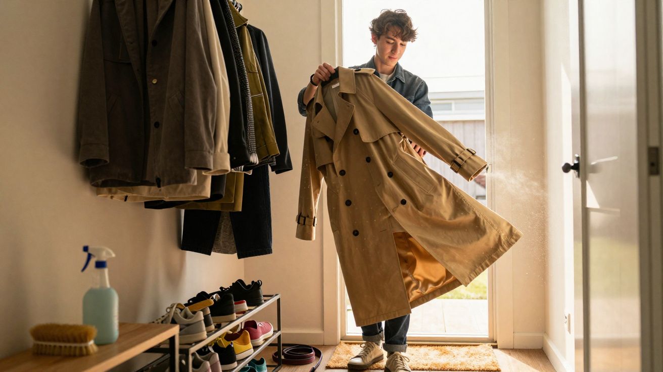Jovem aplicando spray em casaco bege pendurado em um cabide em entrada de casa iluminada.