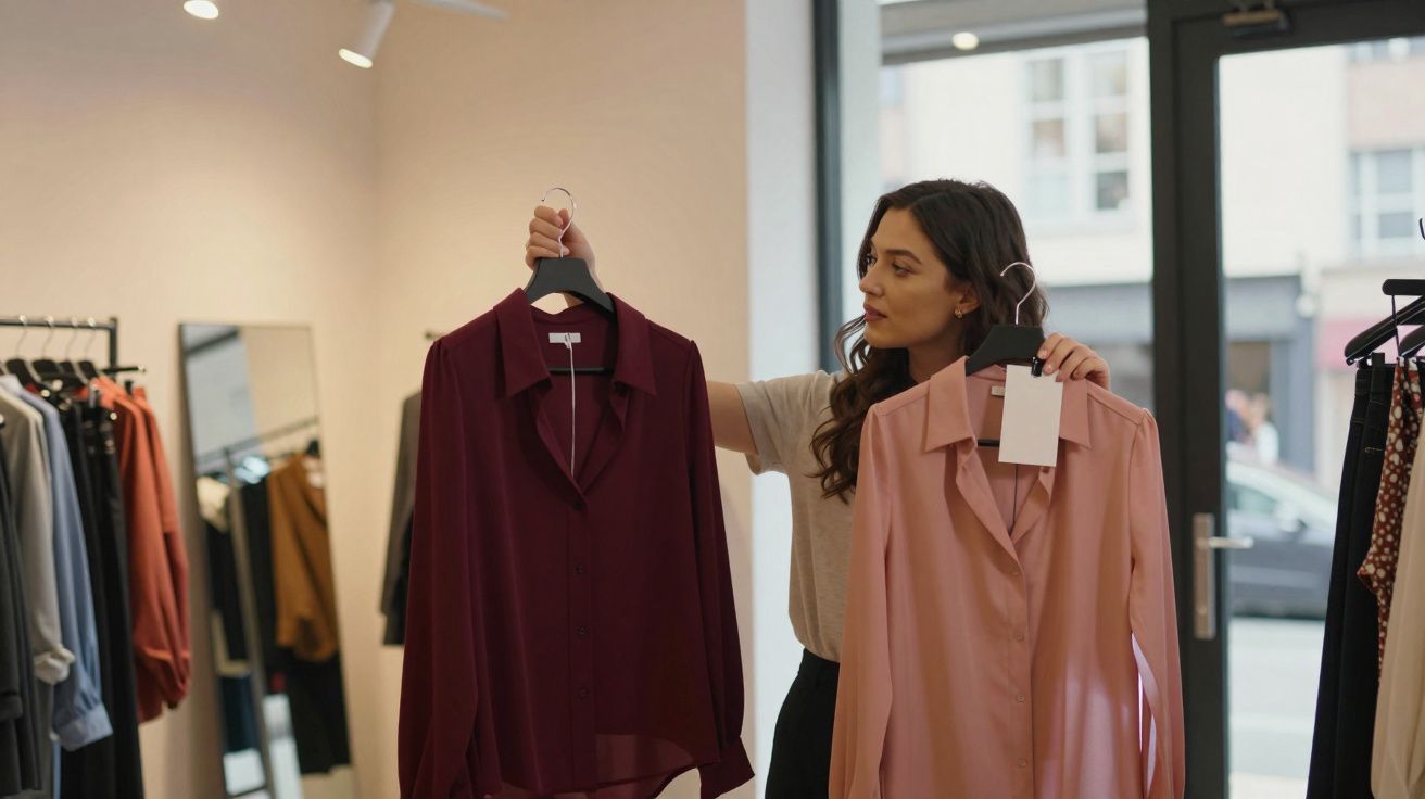 Mulher em loja segurando duas camisas, uma vinho e outra rosa claro, para comparar.