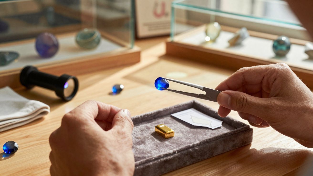 Mãos seguram pedra azul com pinça sobre bandeja cinza em mesa com lupa e outras pedras.