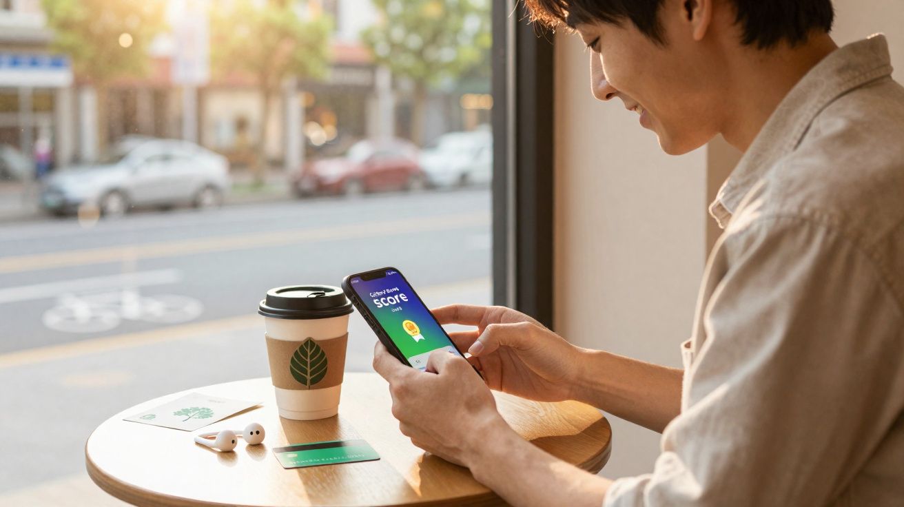 Homem sorrindo usa celular sentado em cafeteria, com café, cartão e fones sobre a mesa.