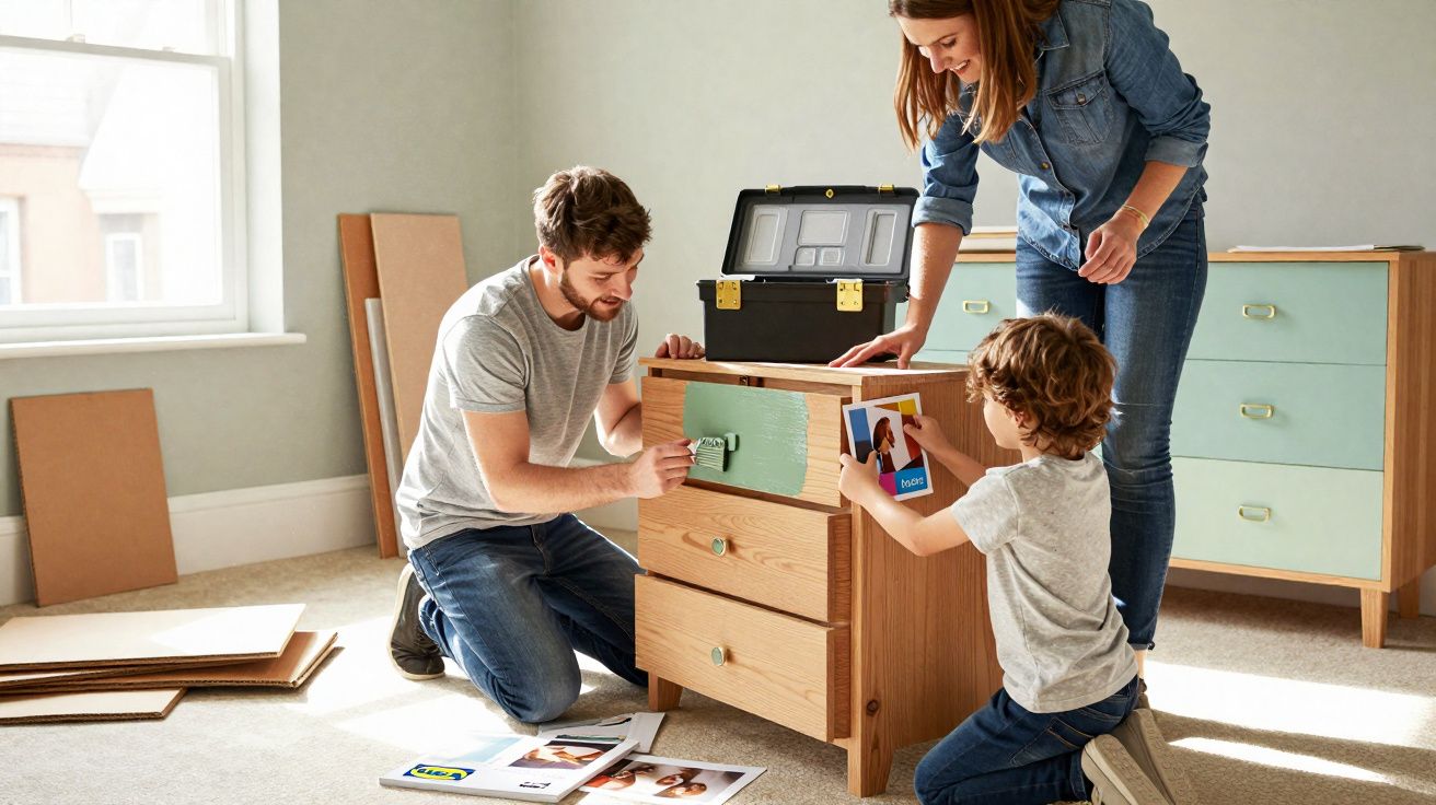 Família pintando um móvel de madeira em um cômodo iluminado e organizado.