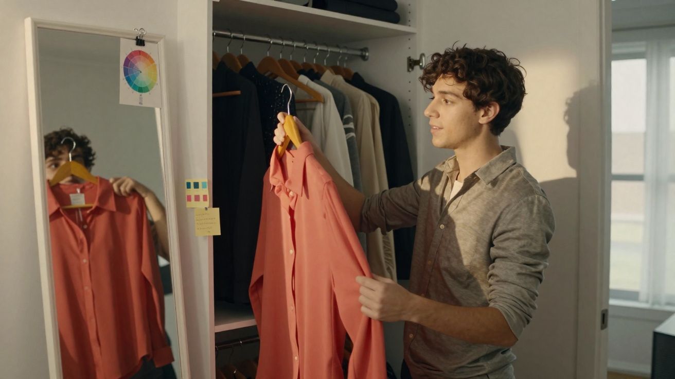 Jovem segurando camisa coral em cabide, olhando para espelho em quarto com armário aberto ao fundo.