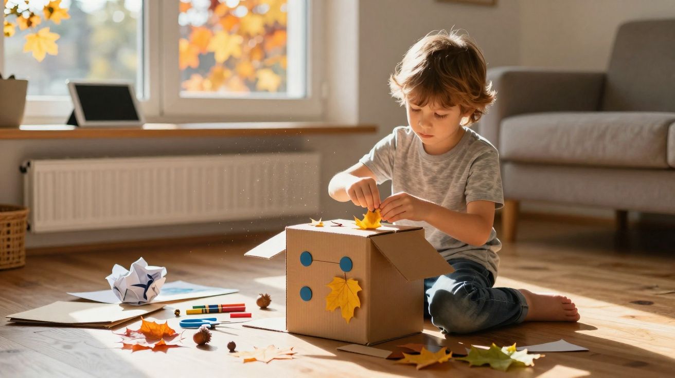 Menino sentado no chão decorando caixa de papelão com folhas secas em ambiente iluminado pela luz natural.