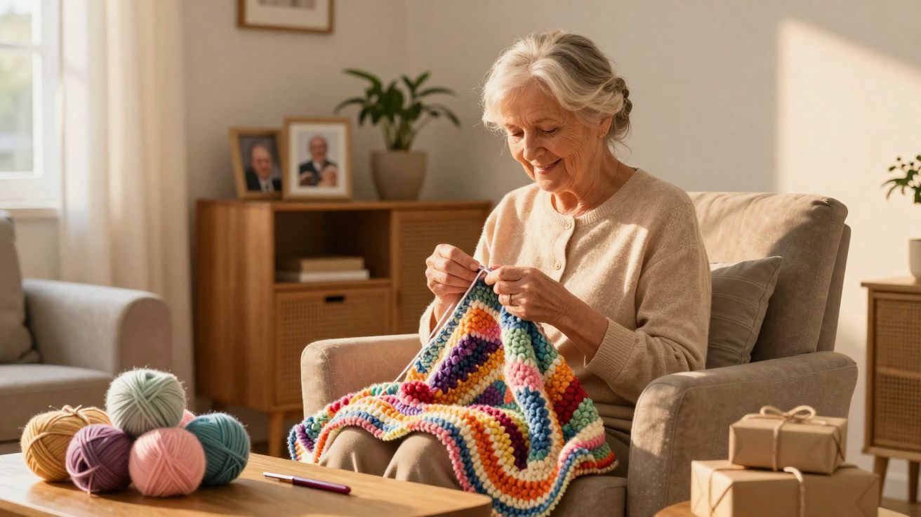 Mulher idosa sorrindo enquanto tricota uma peça colorida sentada em poltrona na sala iluminada.