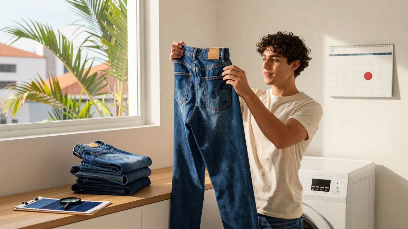 Homem segurando uma calça jeans azul em lavanderia com pilha de roupas dobradas e máquina de lavar ao fundo.