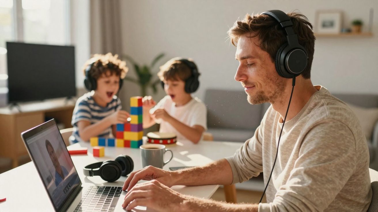 Homem usando fone e notebook, com duas crianças ao fundo brincando com blocos coloridos.