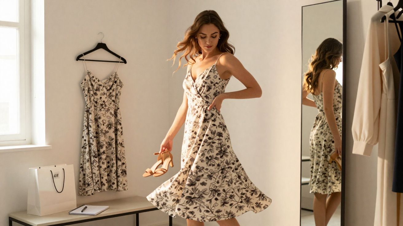 Mulher em vestido floral rodado, segurando sandálias, em quarto com espelho e vestido igual pendurado na parede.