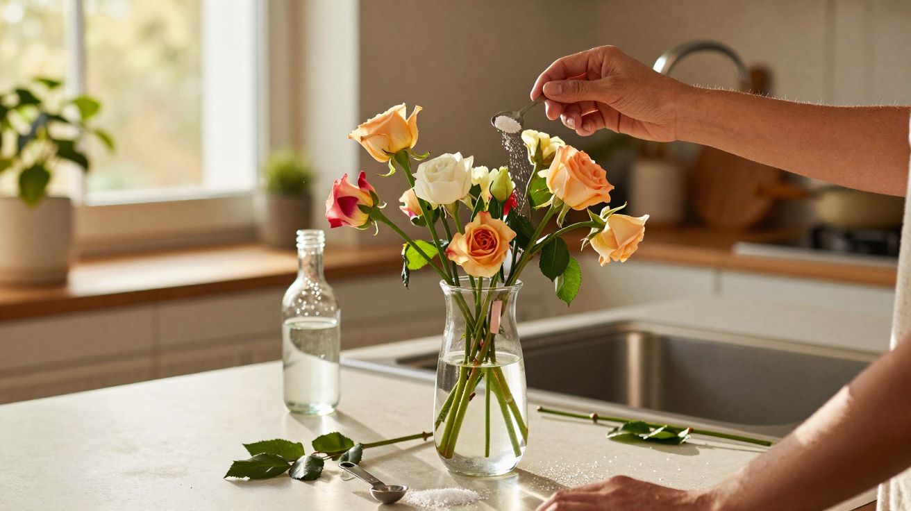 Pessoa adicionando sal a flores coloridas em vaso de vidro na cozinha iluminada pelo sol.