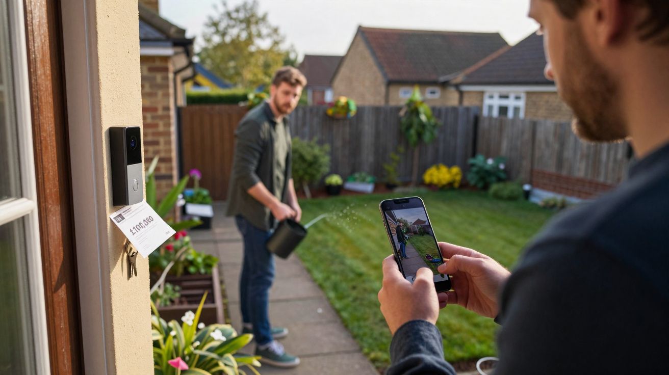 Pessoa segurando celular com vídeo de homem regando plantas no jardim de casa, com campainha e chaveiro na parede.