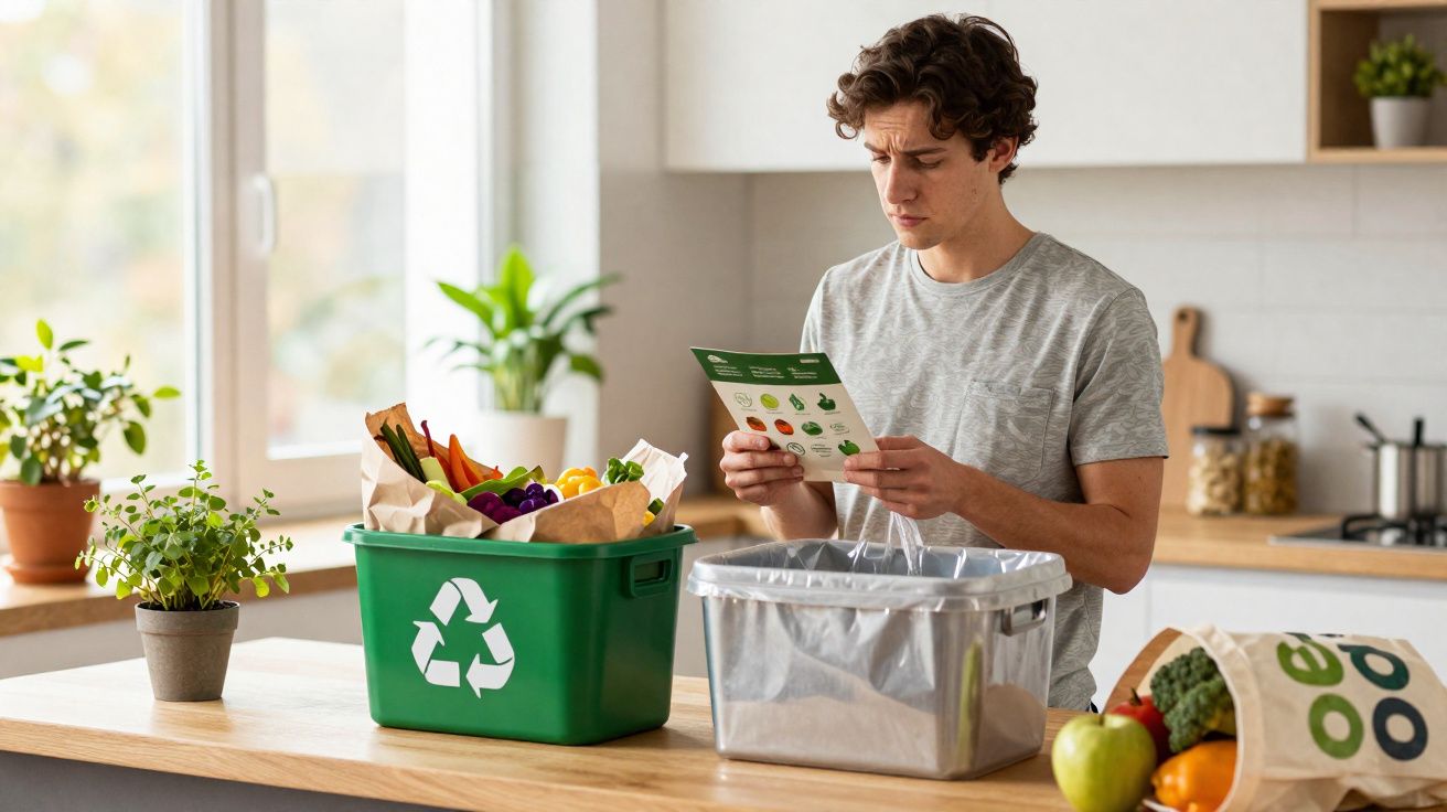 Jovem lendo instruções para reciclagem na cozinha com lixeira reciclável e sacola de hortaliças.