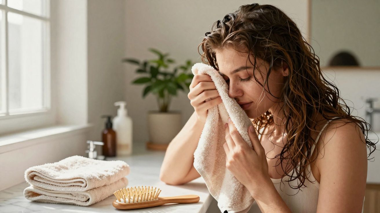 Mulher com cabelo molhado secando o rosto com toalha branca em banheiro iluminado.