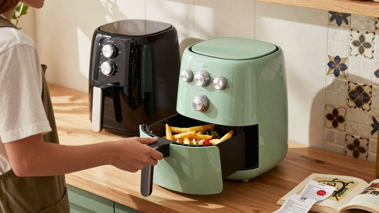 Pessoa retirando batatas fritas de uma fritadeira elétrica verde em bancada de cozinha.