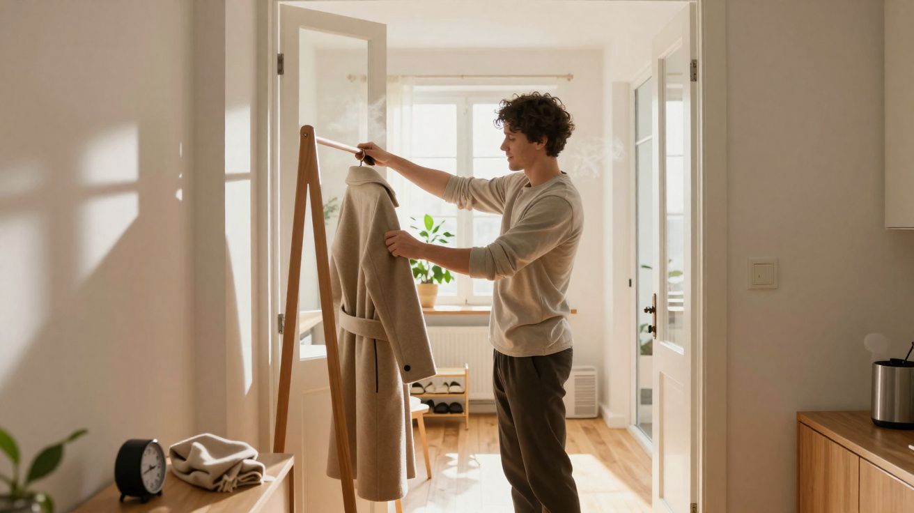 Jovem selecionando casaco em cabideiro de madeira em quarto claro e organizado.