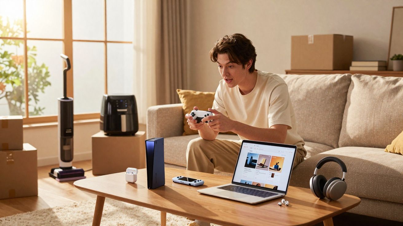 Jovem sentado no sofá jogando videogame com controles, laptop e fones em mesa de centro na sala.