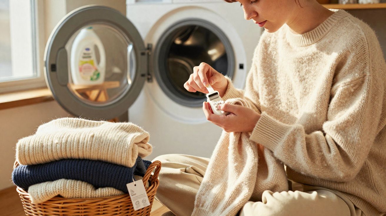 Mulher inspecionando etiqueta de suéter perto de cesta com roupas e máquina de lavar aberta.